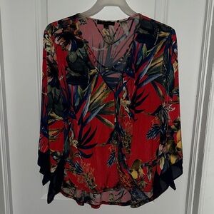 Red Tropical Floral V-Neck Blouse